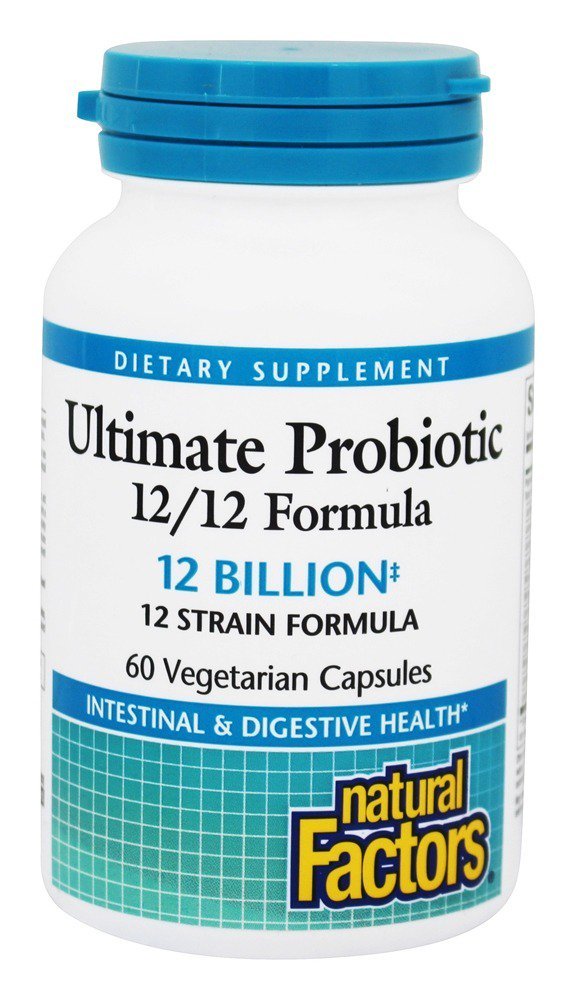 Natural Factors Ultimate Probiotic 12/12 bottle on kitchen counter for daily digestive balance