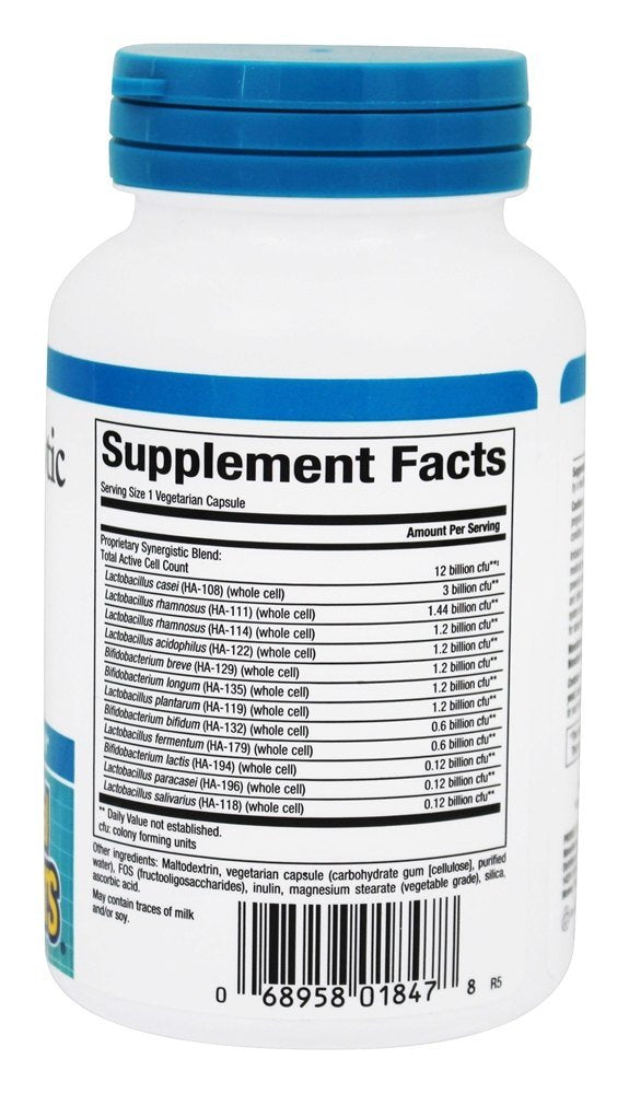 Natural Factors Ultimate Probiotic 12/12 capsules close-up promotes gut health and regularity