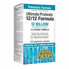 Natural Factors Ultimate Probiotic 12/12 bottle front signaling daily digestive support.