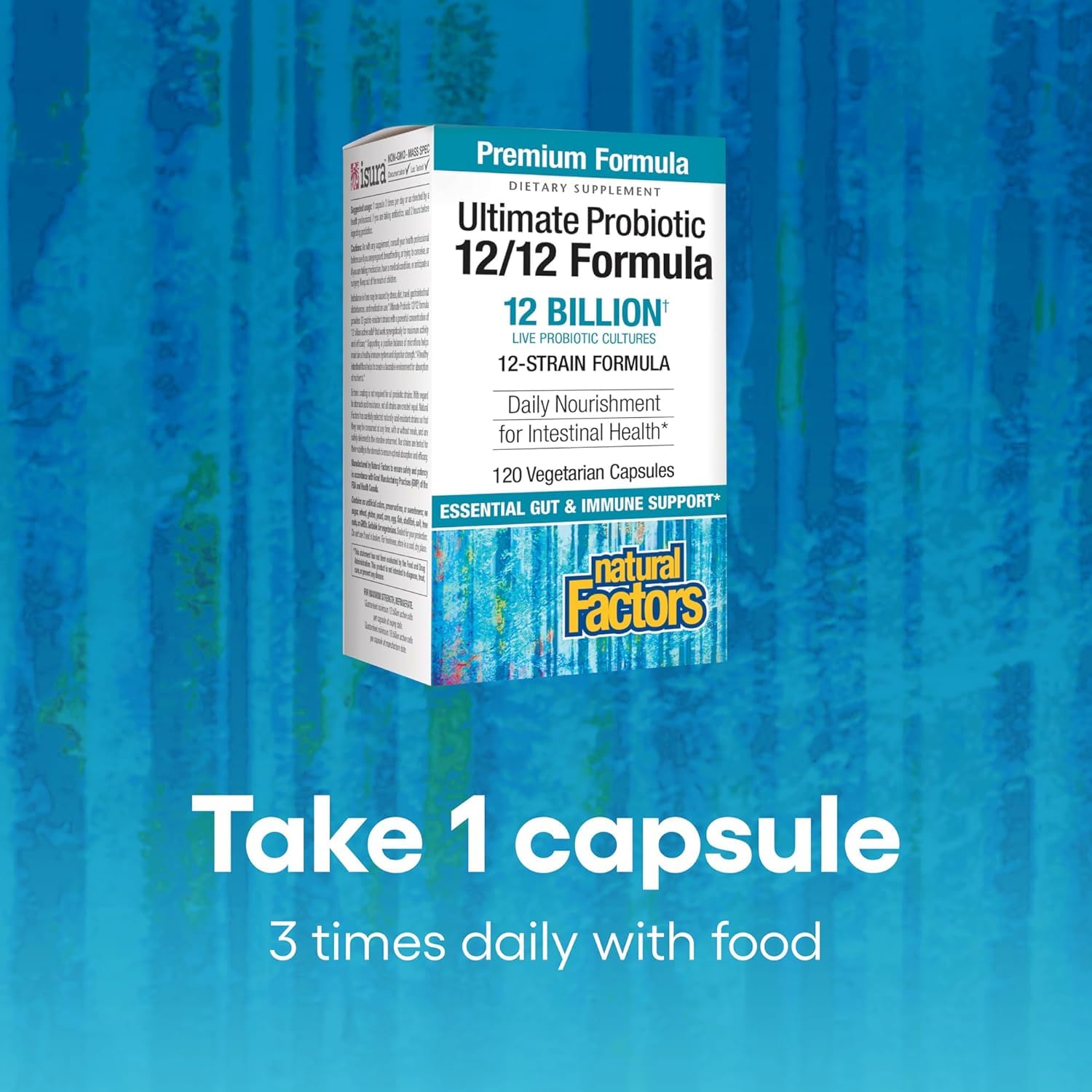 Natural Factors daily-dosing image reinforces routine of taking with meals.