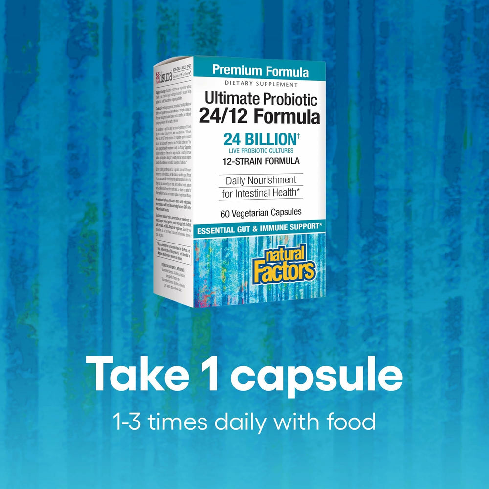 Natural Factors Ultimate Probiotic 24/12 label panel highlights twelve gastric-resistant strains.