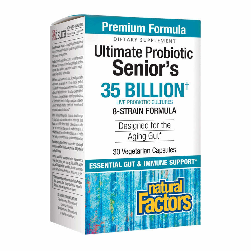 Natural Factors Ultimate Probiotic Senior's bottle closeup highlighting 35 Billion CFUs for daily digestive balance.