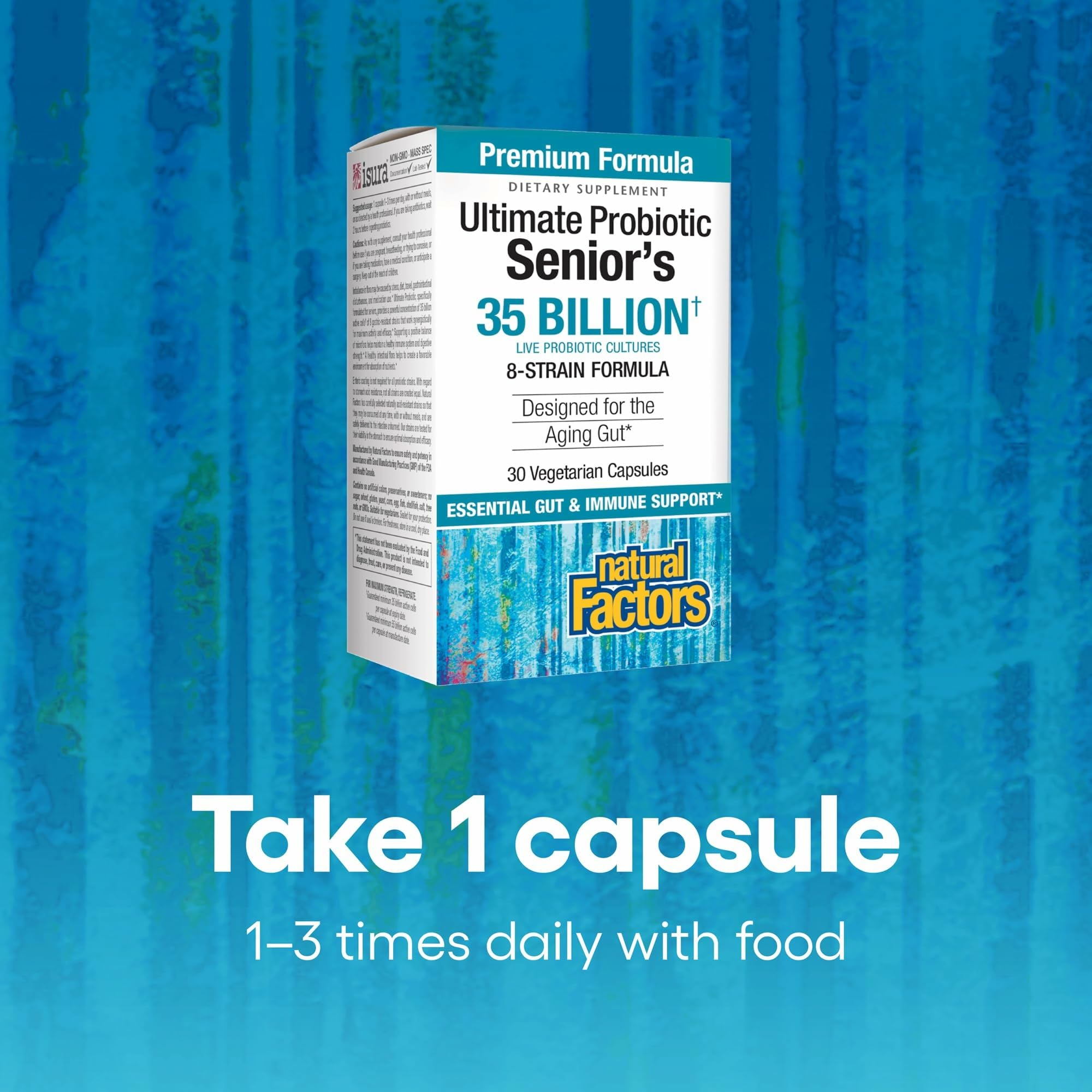 Natural Factors Ultimate Probiotic Senior's packaging highlights non-GMO and gluten-free ingredients for everyday use.