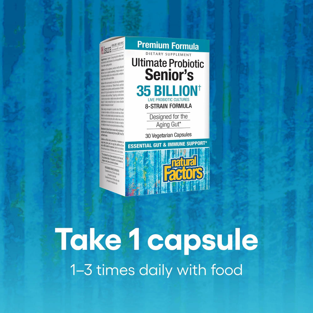 Natural Factors Ultimate Probiotic Senior's packaging highlights non-GMO and gluten-free ingredients for everyday use.