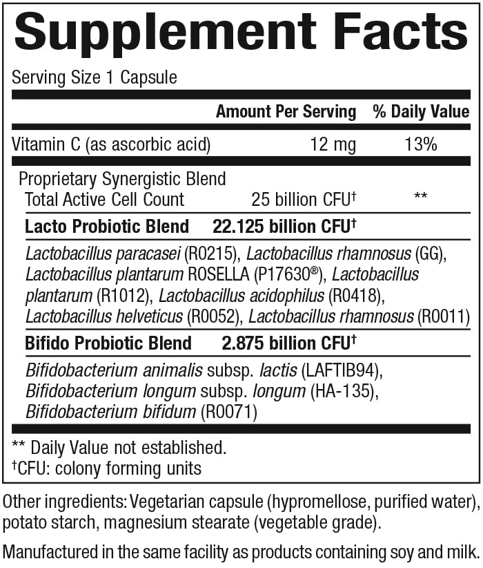 Natural Factors Ultimate Probiotic Women's Every Day bottle back highlights 25 billion CFU for digestion support.
