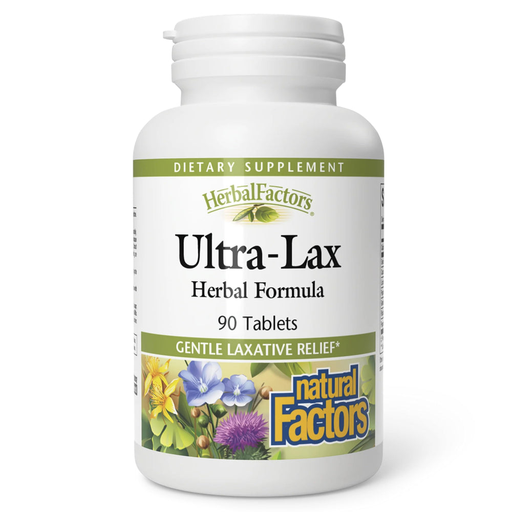 Natural Factors Ultra-Lax tablets bottle front suggests gentle, occasional relief potential.