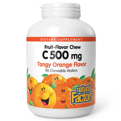 Natural Factors Vitamin C 500 mg Kids Chewables bottle label shows tangy orange flavor.