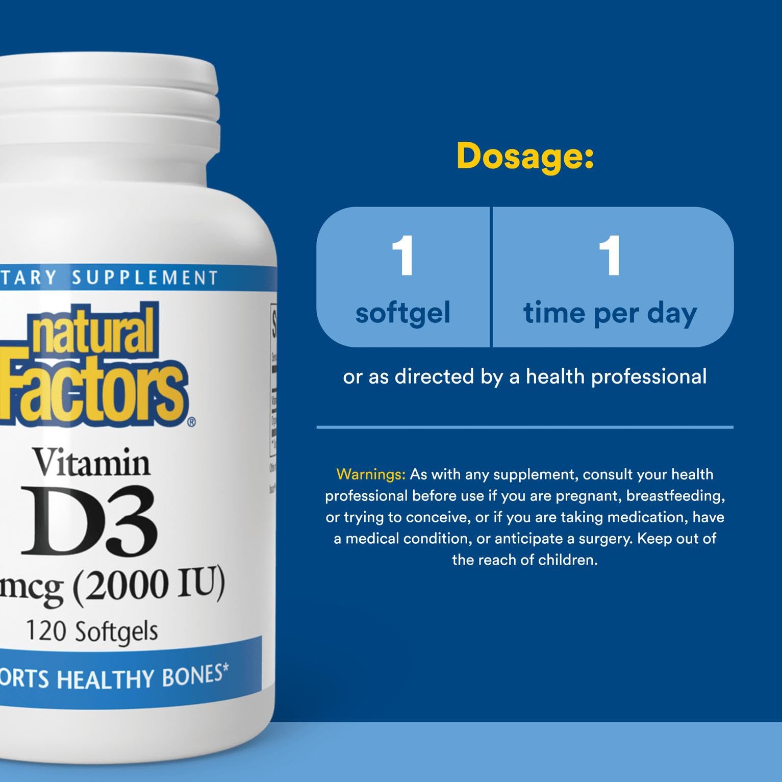 Natural Factors Vitamin D3 2000 IU bottle label showing quality testing