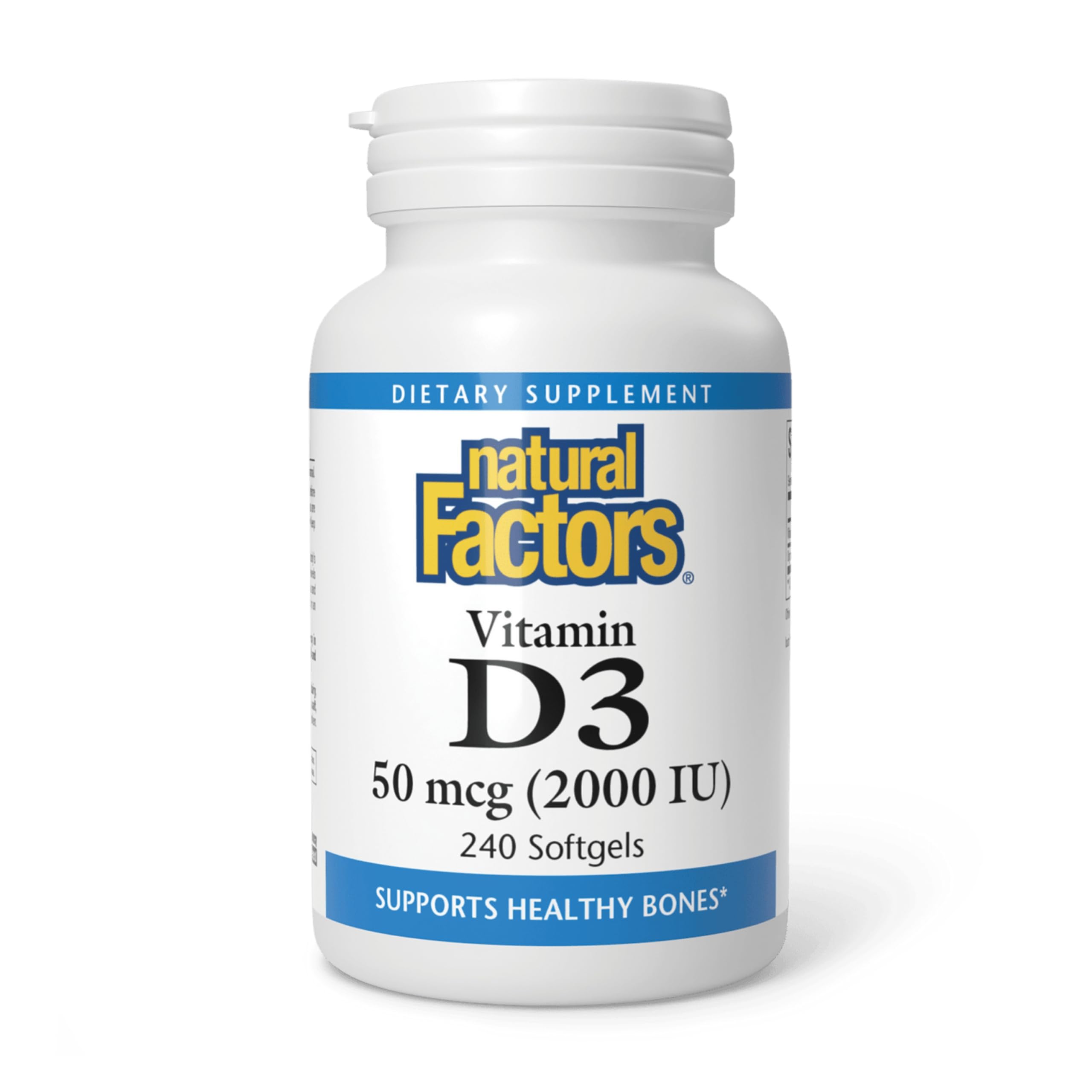 Natural Factors Vitamin D3 2000 IU softgels bottle highlighting bone support potential.