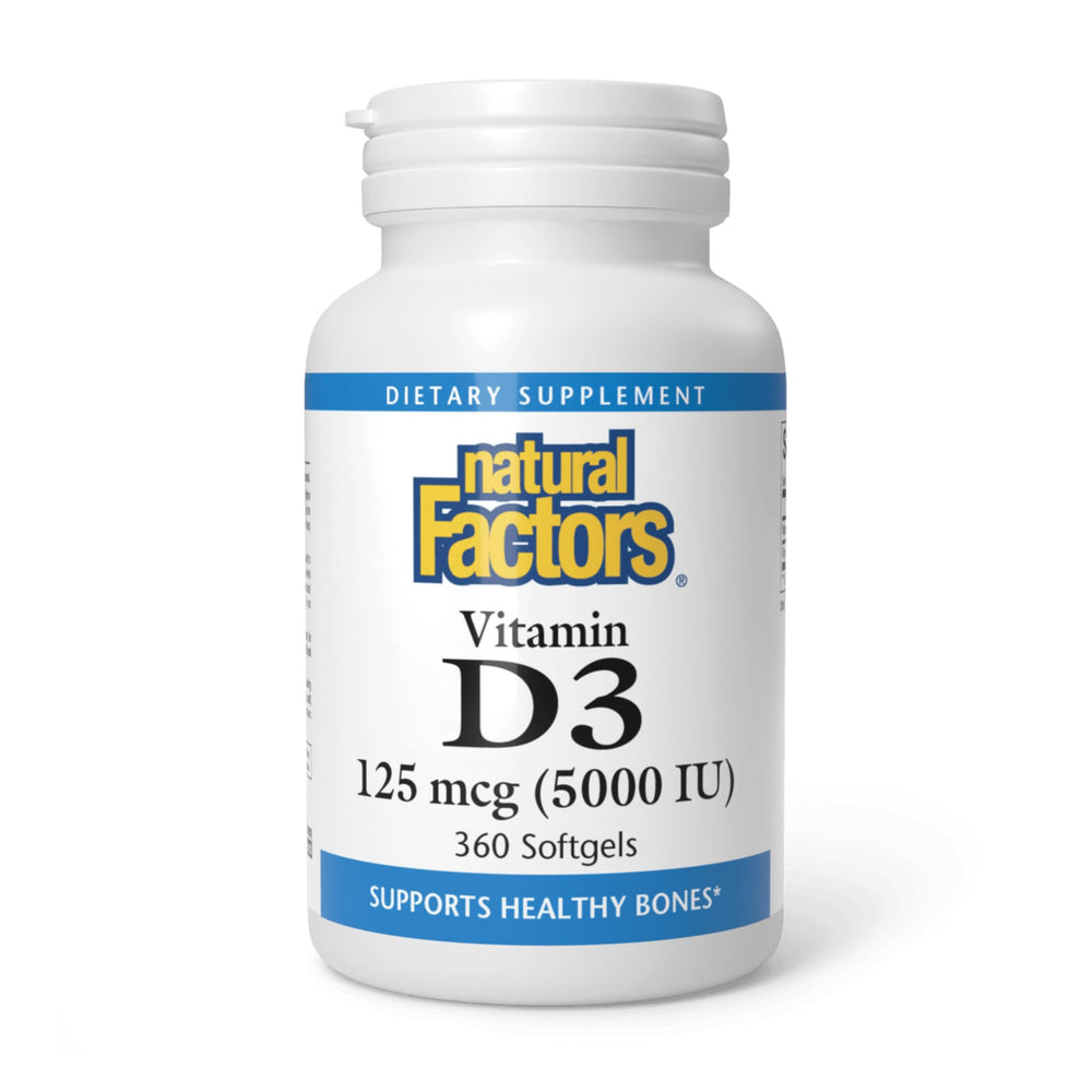 Natural Factors Vitamin D3 5000 IU bottle front signaling bone support