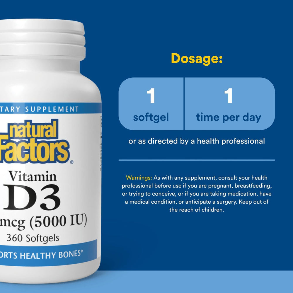 Natural Factors D3 label close-up shows 5000 IU potency and quality