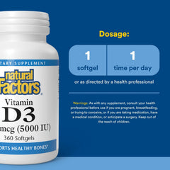Natural Factors D3 label close-up shows 5000 IU potency and quality