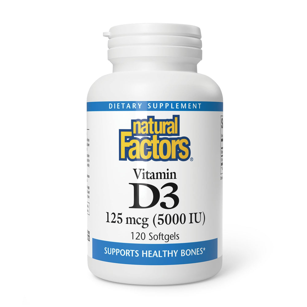 Natural Factors Vitamin D3 5000 IU soft gels bottle on counter for bone support