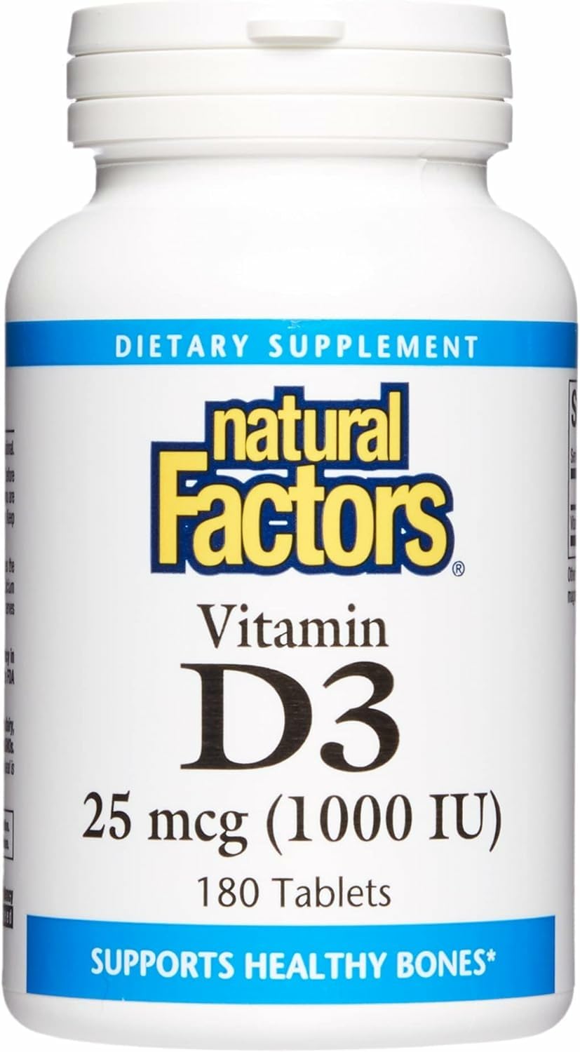 Natural Factors Vitamin D3 1000 IU bottle front showing daily dose and purpose.