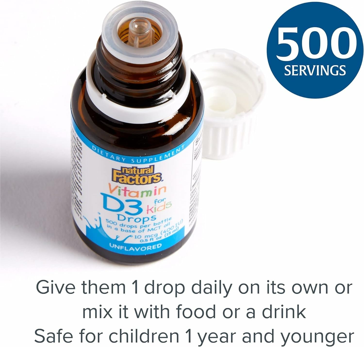 Natural Factors Vitamin D3 Drops daily dosing shown in a child-friendly bottle