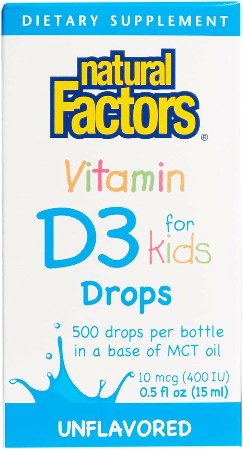 Natural Factors Vitamin D3 Drops for kids bottle view showing daily dosing and bone support