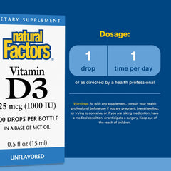 Natural Factors Vitamin D3 Drops bottle close-up highlights MCT and flaxseed oil blend.