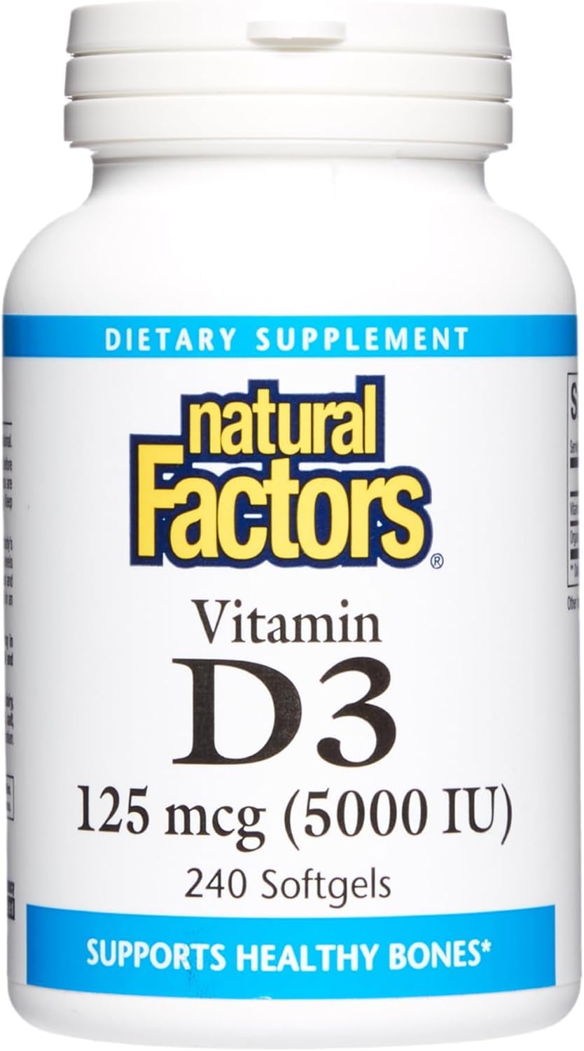 Natural Factors Vitamin D3 softgel bottle highlighting 5,000 IU for bone support.