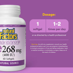 Natural Factors Vitamin E label closeup, emphasizing purity and balanced tocopherol blend.