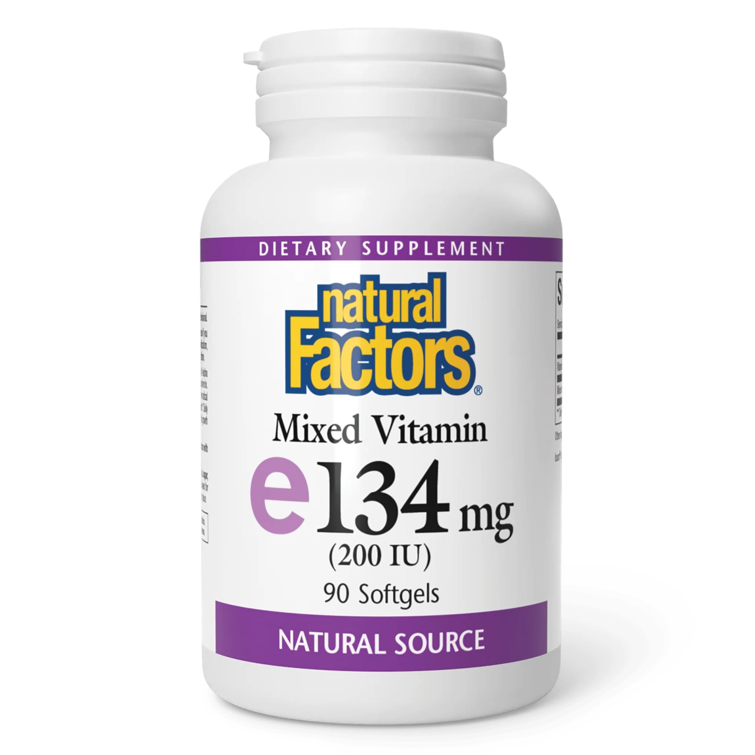 Natural Factors Vitamin E Mixed 200 IU bottle label demonstrates antioxidant support for cellular health.