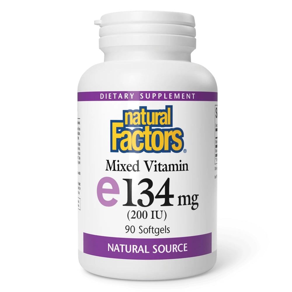 Natural Factors Vitamin E Mixed 200 IU bottle label demonstrates antioxidant support for cellular health.