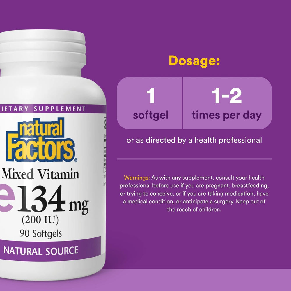 Natural Factors Vitamin E Mixed 200 IU bottle on shelf signaling trusted, high-quality antioxidant support.
