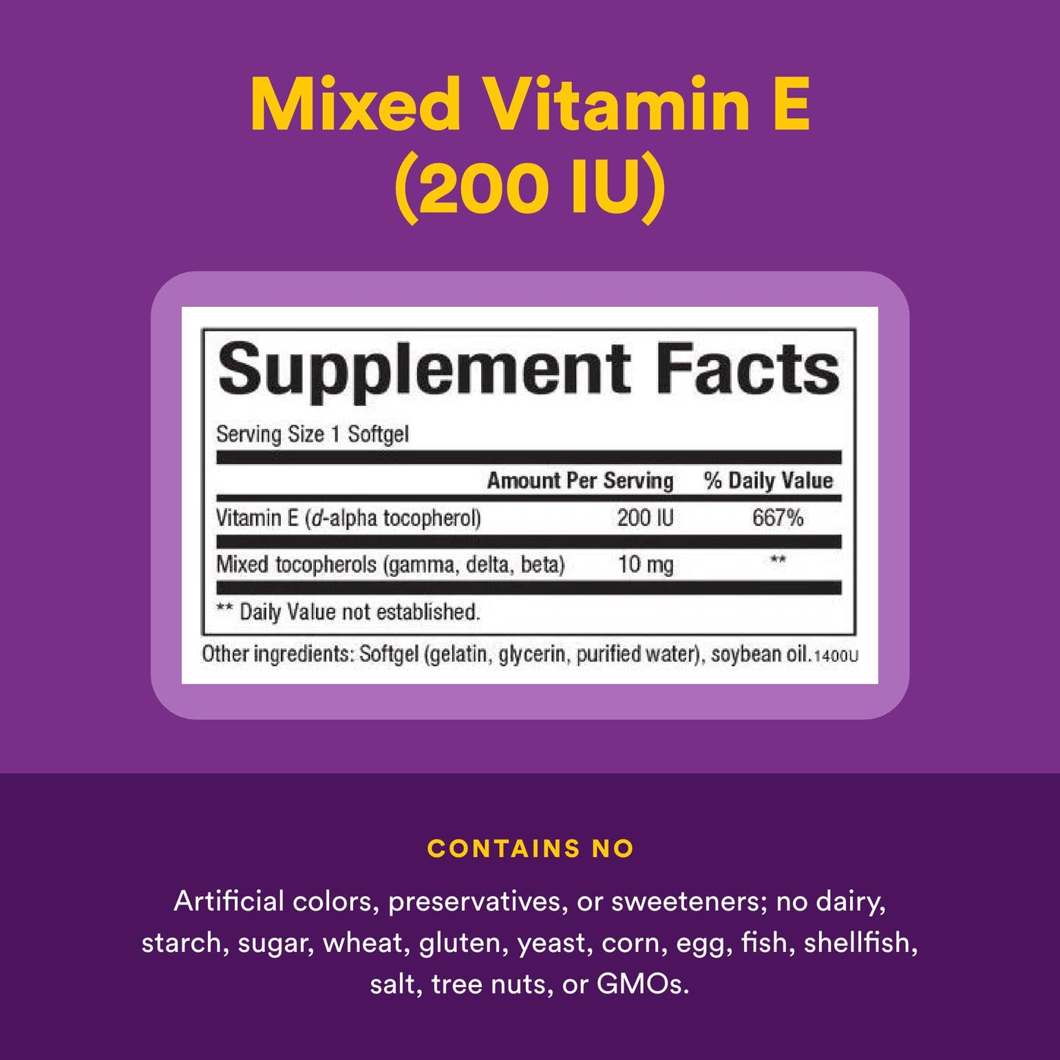 Natural Factors Vitamin E Mixed 200 IU softgel closeup highlights balanced tocopherol blend.