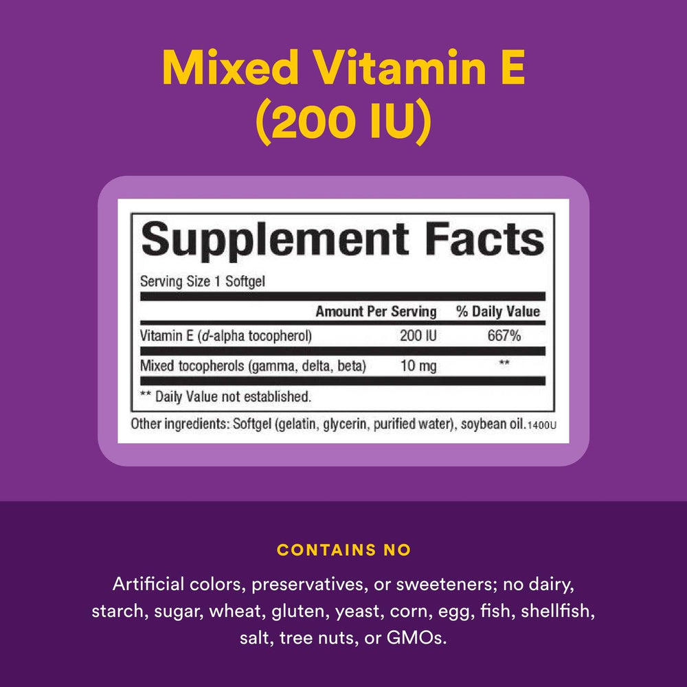 Natural Factors Vitamin E Mixed 200 IU softgel closeup highlights balanced tocopherol blend.