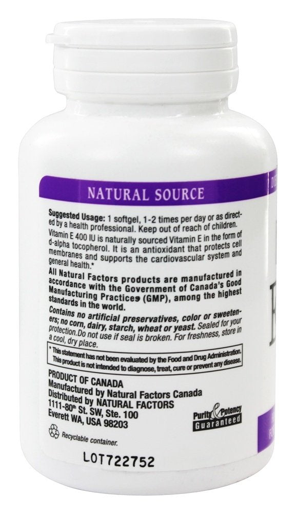 Natural Factors Vitamin E Mixed 400 IU bottle shown with organic farming ethos for quality.