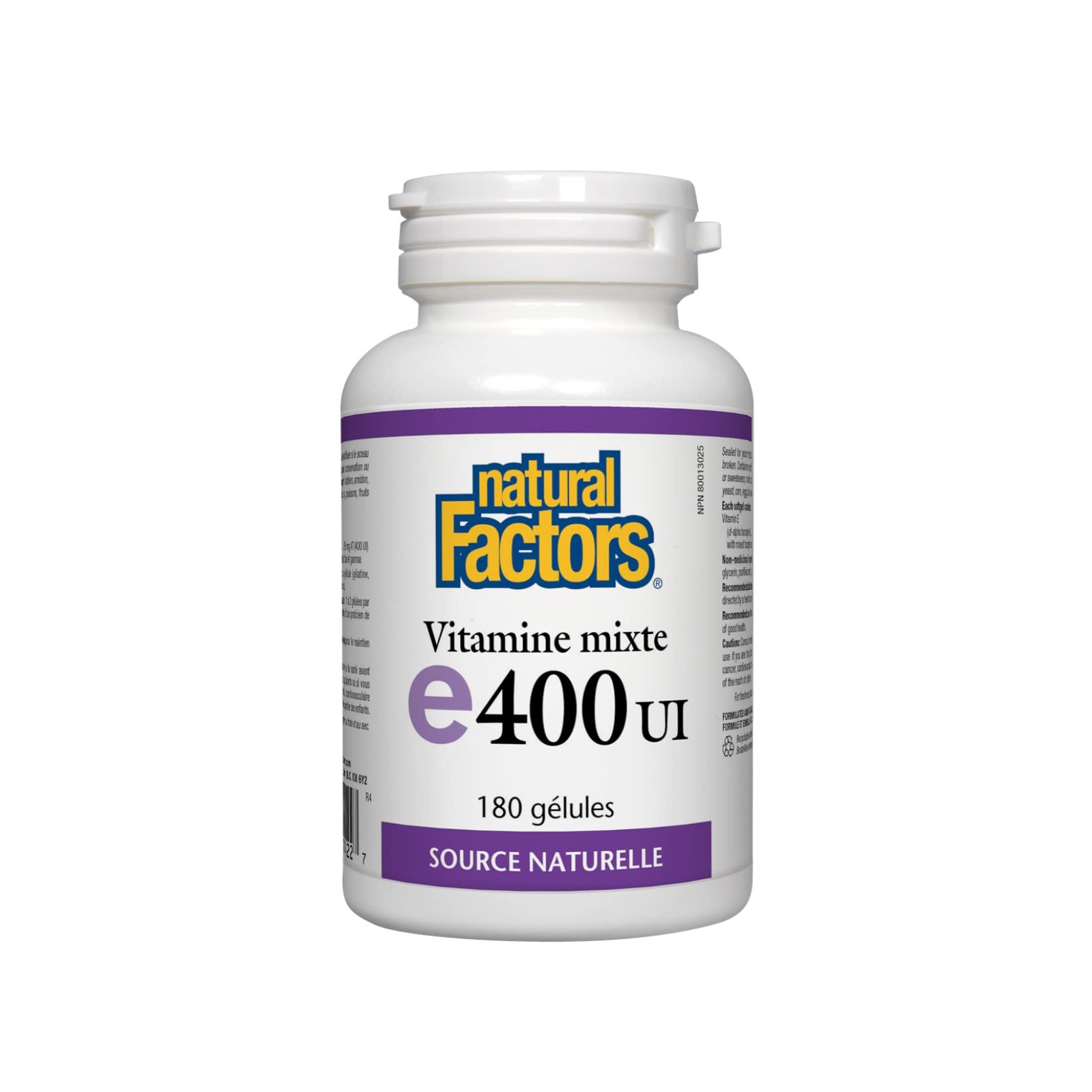 Close-up of Natural Factors Vitamin E mixed tocopherols for general health benefits.