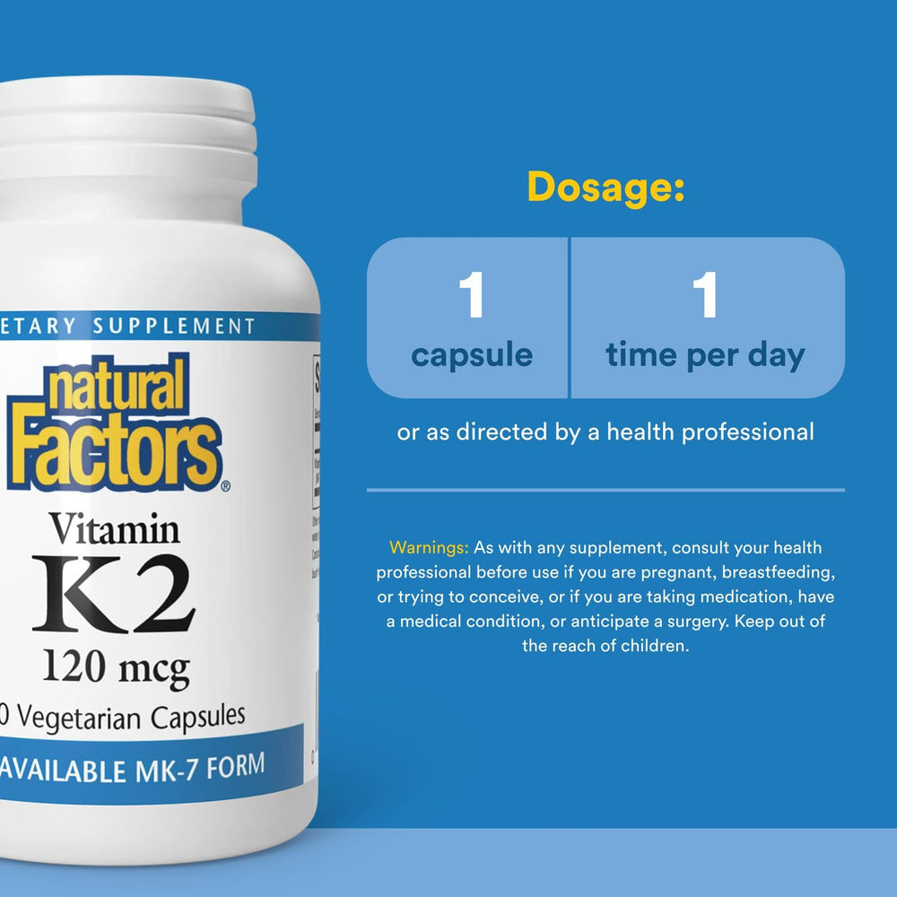Natural Factors Vitamin K2 label packaging highlighting MK-7 absorption