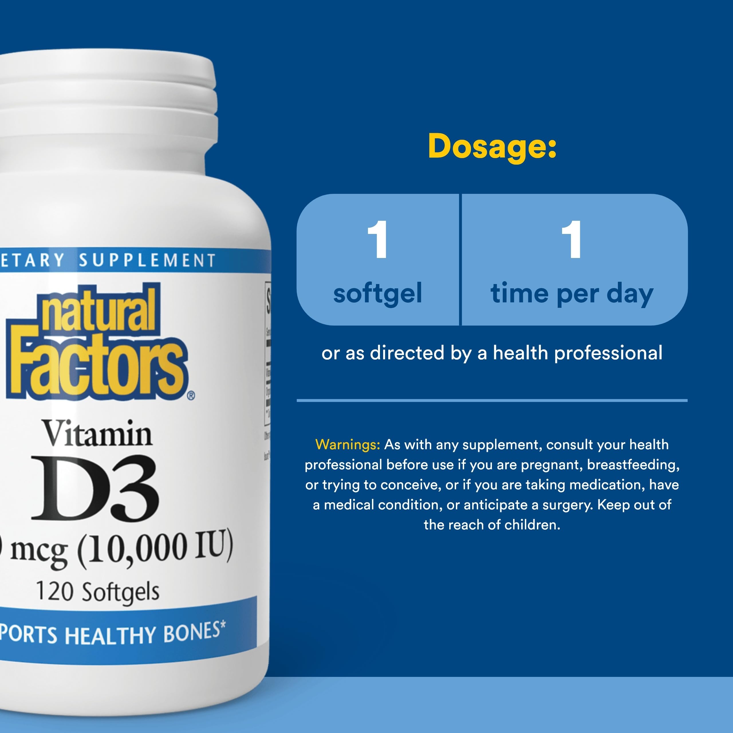 Natural Factors Vitamina D3 10000IU: cápsulas en aceite de linaza orgánico para biodisponibilidad.