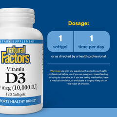 Natural Factors Vitamina D3 10000IU: cápsulas en aceite de linaza orgánico para biodisponibilidad.
