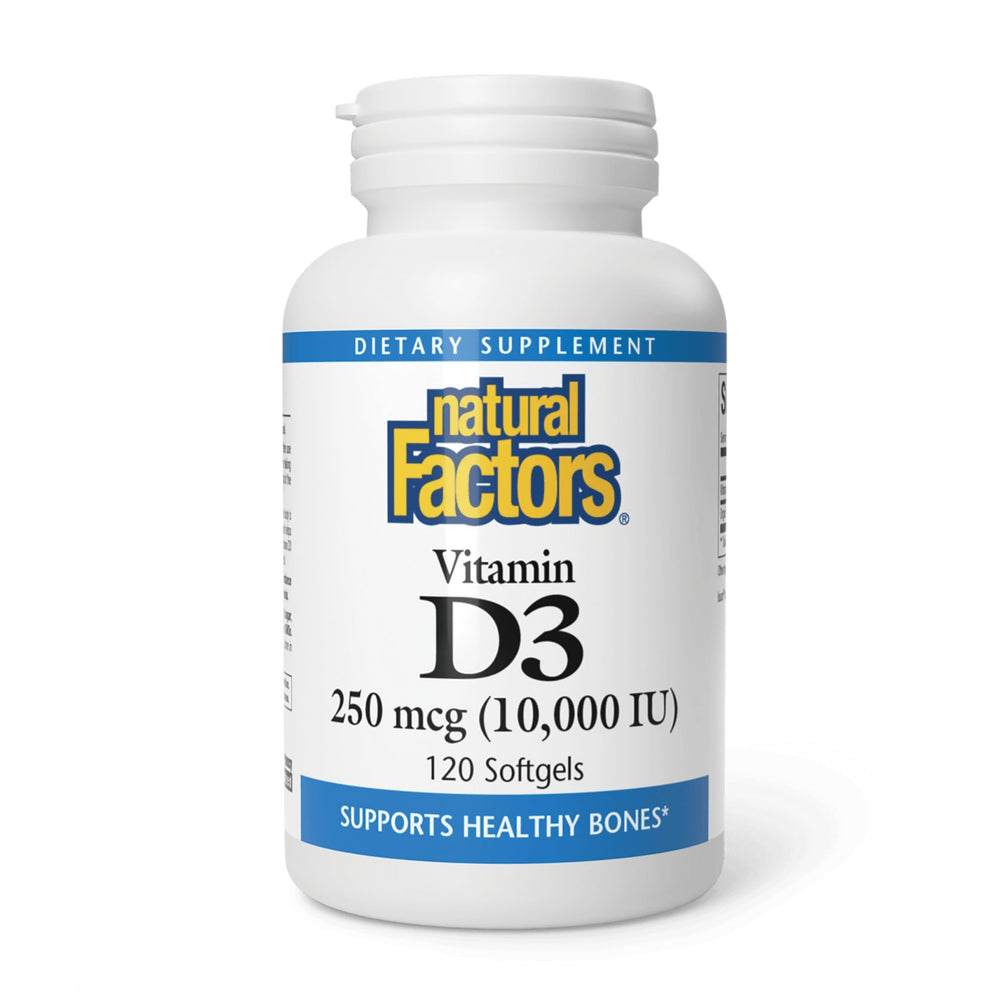 Natural Factors Vitamina D3 10000IU: botella para apoyo diario de huesos y sistema inmune.