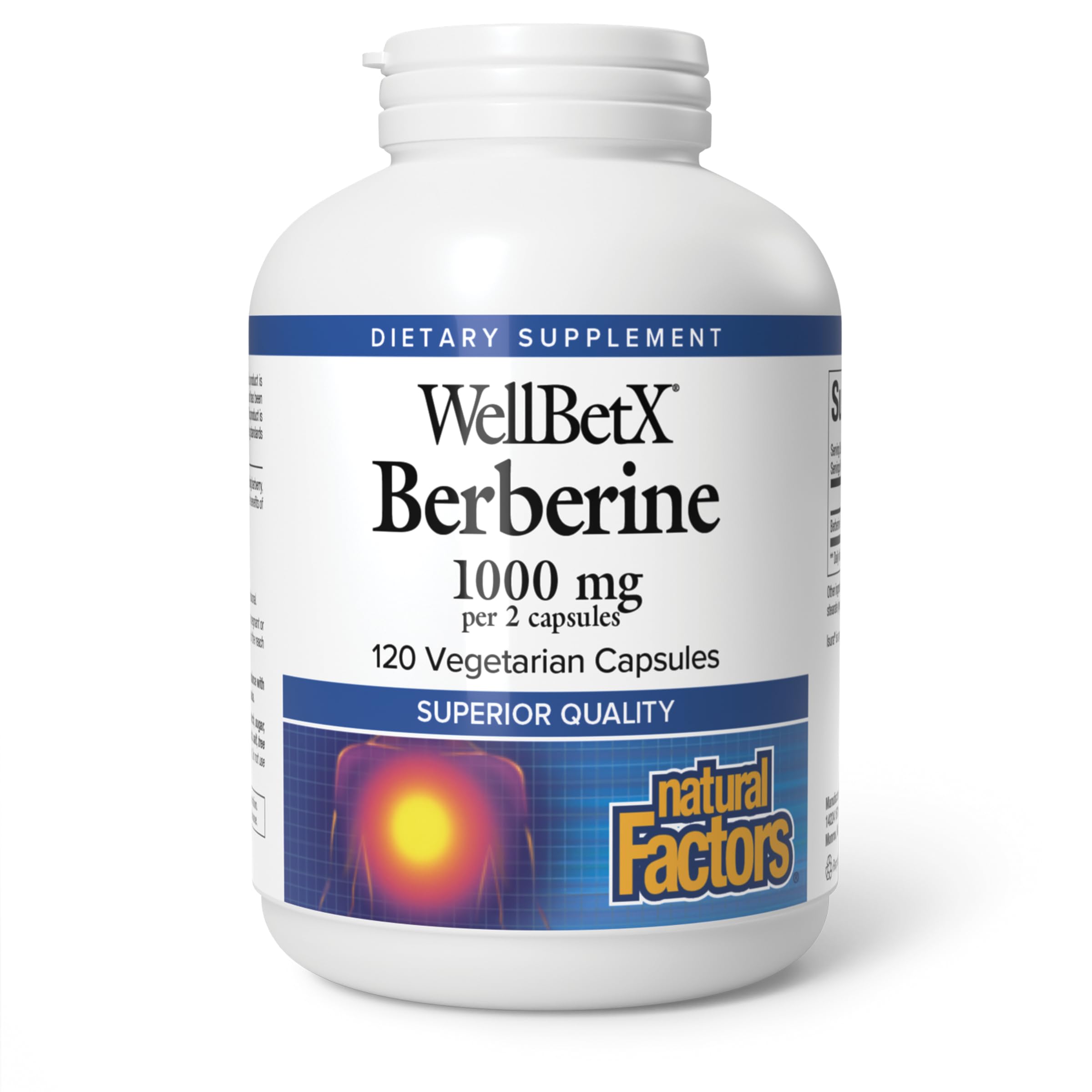 Natural Factors WellBetX Berberine bottle labeled 500 mg for metabolic support.