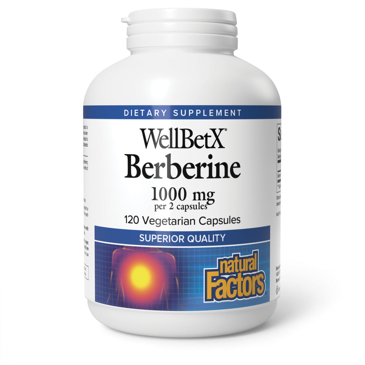 Natural Factors WellBetX Berberine bottle labeled 500 mg for metabolic support.