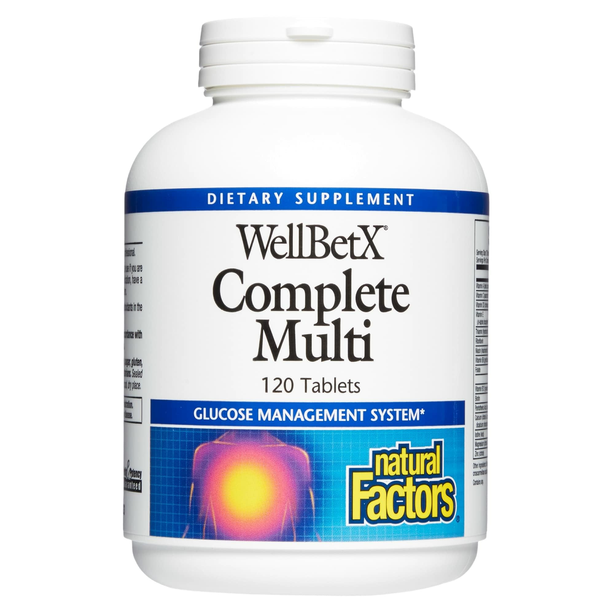 Natural Factors WellBetX Complete Multi bottle label highlights metabolism-support nutrients