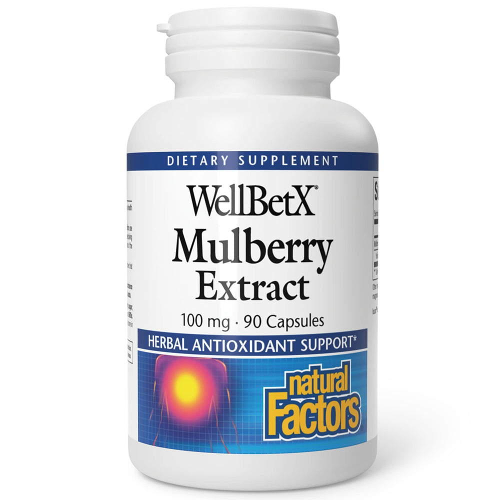 Natural Factors WellBetX Mulberry Extract 100 mg bottle for everyday wellness.