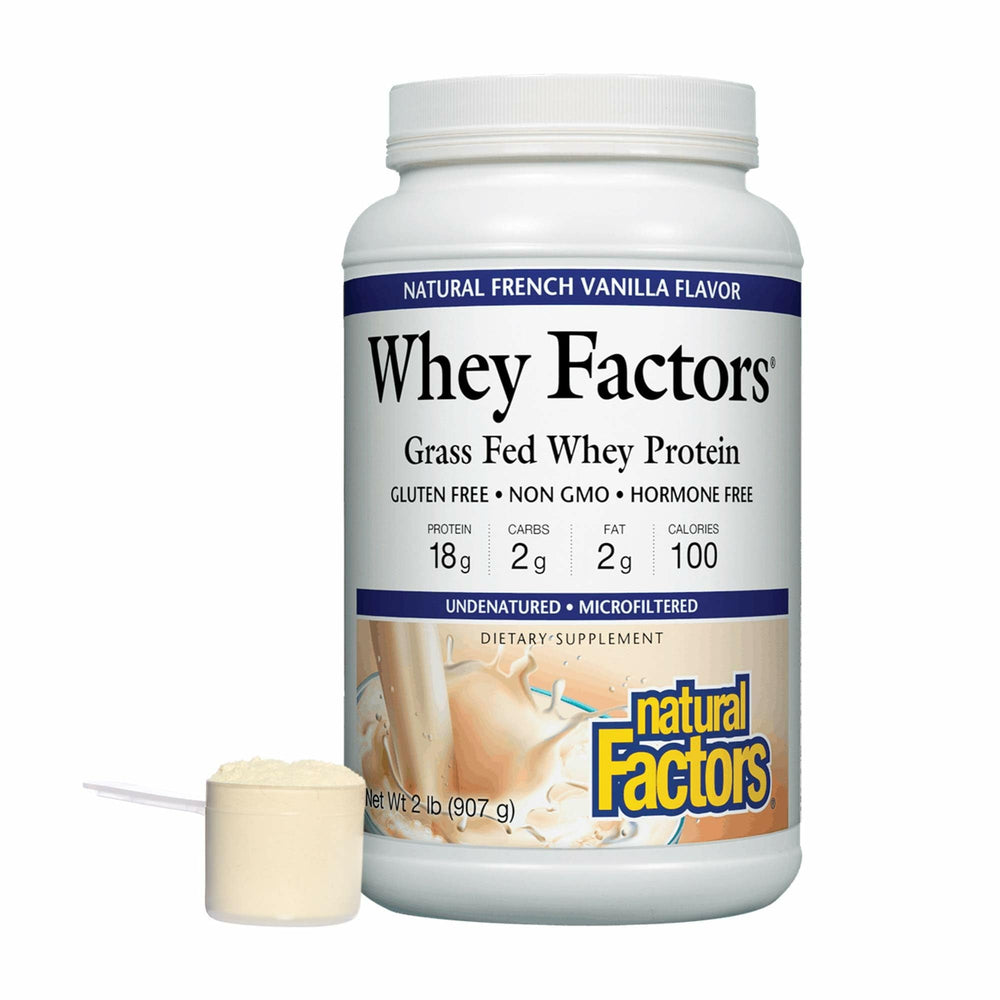 Natural Factors Whey Factors French Vanilla container emphasizes convenient daily protein for active use