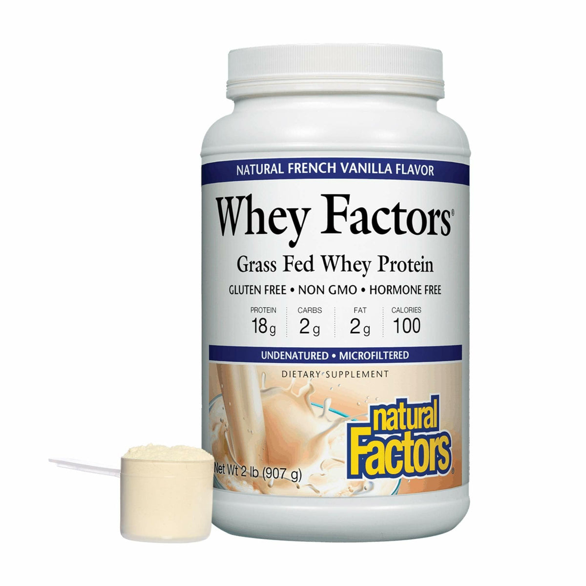 Natural Factors Whey Factors French Vanilla container emphasizes convenient daily protein for active use