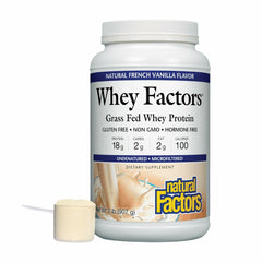 Natural Factors Whey Factors French Vanilla container emphasizes convenient daily protein for active use