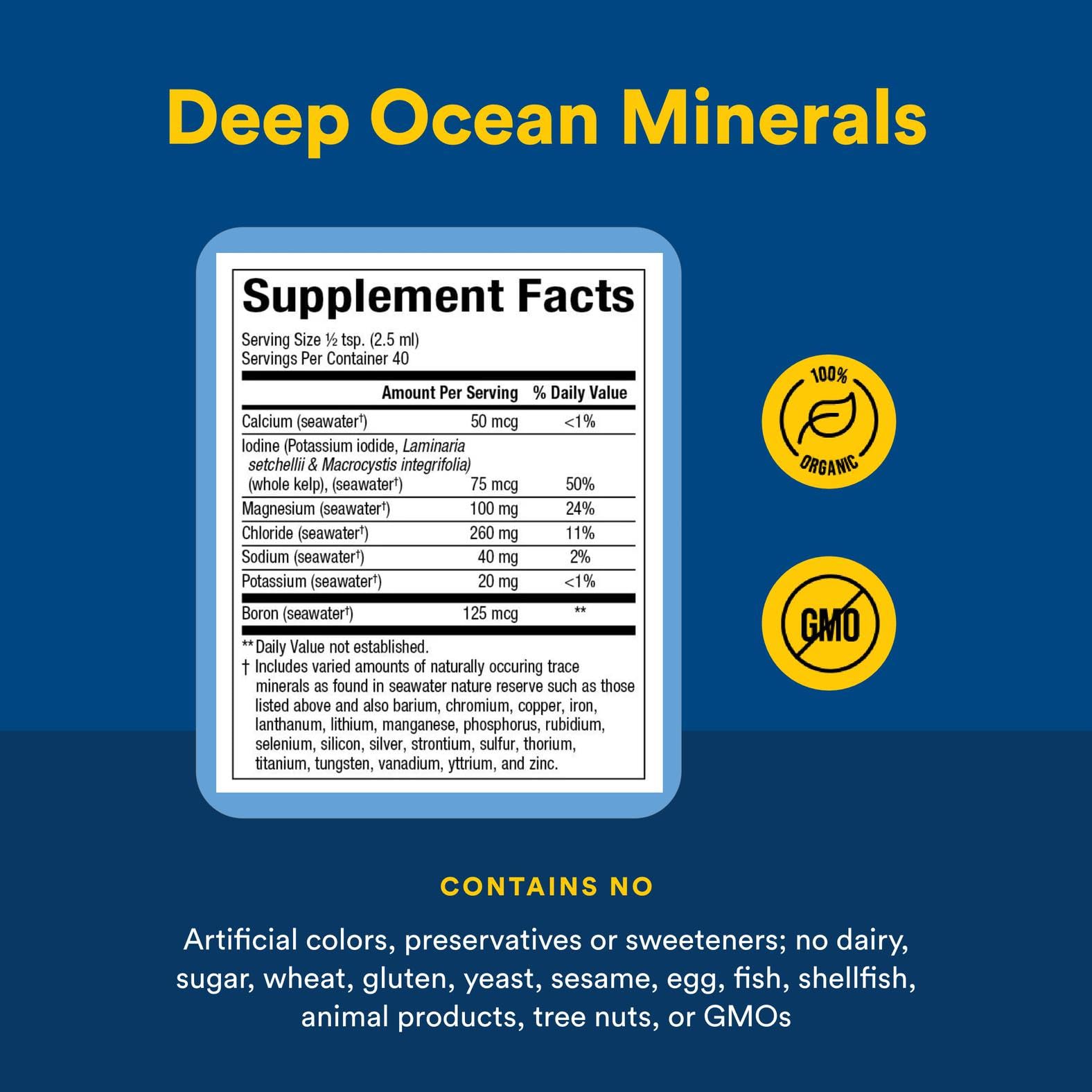 Natural Factors Deep Ocean Minerals back label lists ingredients and usage notes.