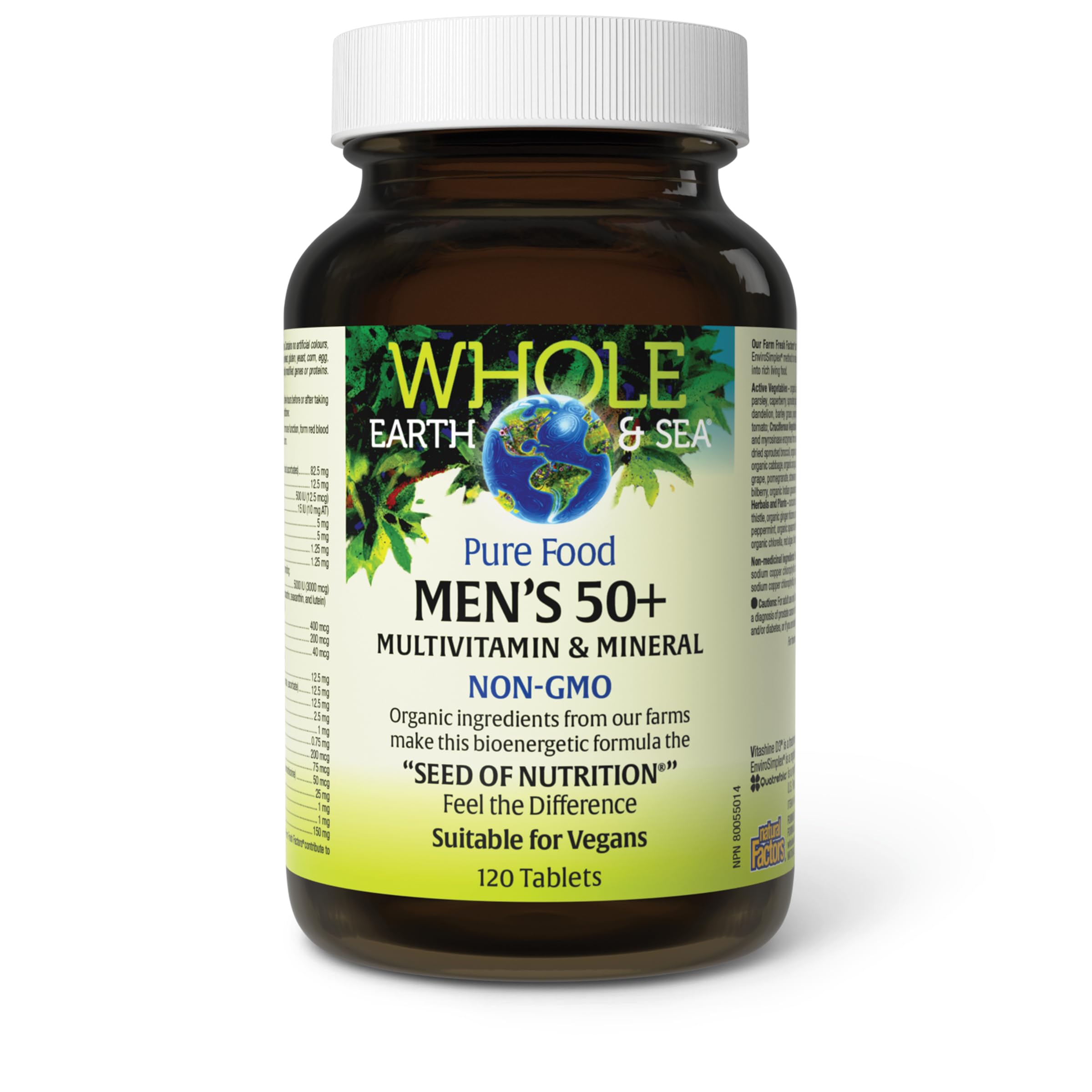 Natural Factors Whole Earth & Sea Men's 50+ package view emphasizes whole-food ingredients