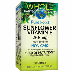 Natural Factors Whole Earth & Sea Vitamin E bottle highlighting sunflower-sourced antioxidant support