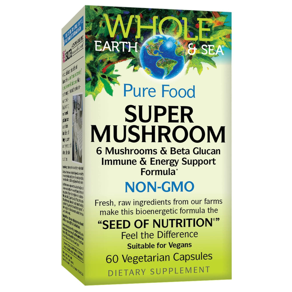 Natural Factors Whole Earth and Sea Super Mushroom bottle shows daily immune and cognitive support