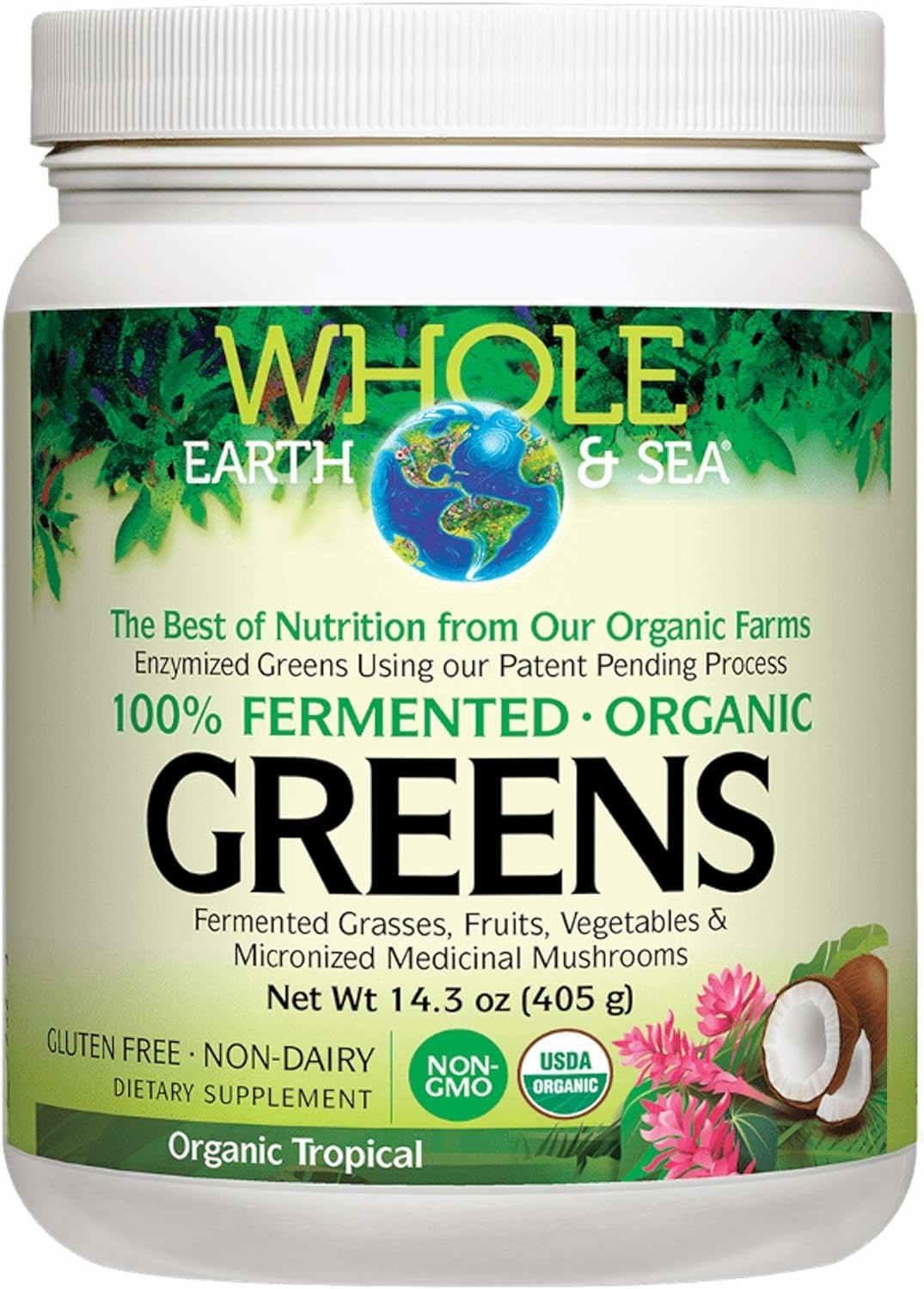 Natural Factors Whole Earth & Sea Tropical Greens bottle shown for daily smoothie boost.