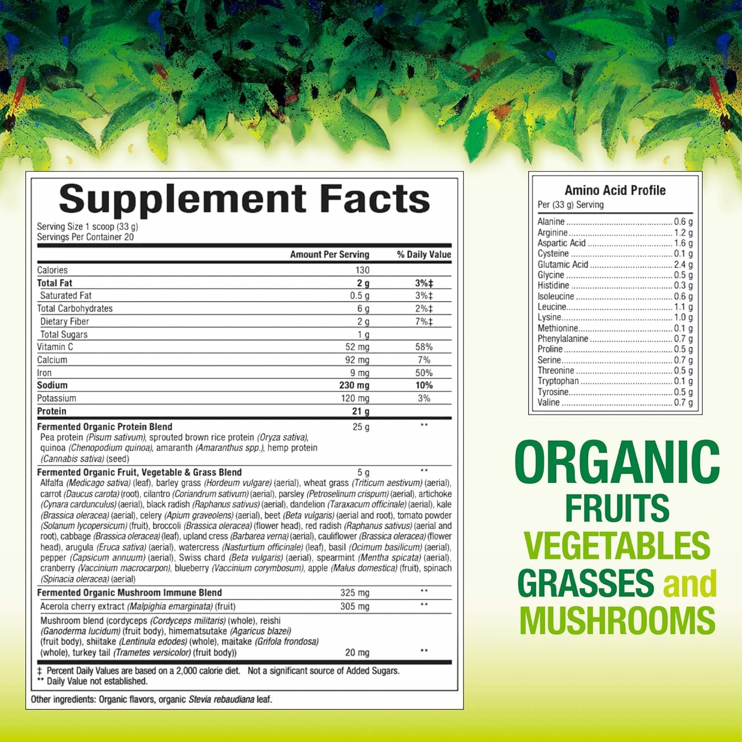 Natural Factors Whole Earth & Sea Tropical label closeup – greens blend and fermentation notes.