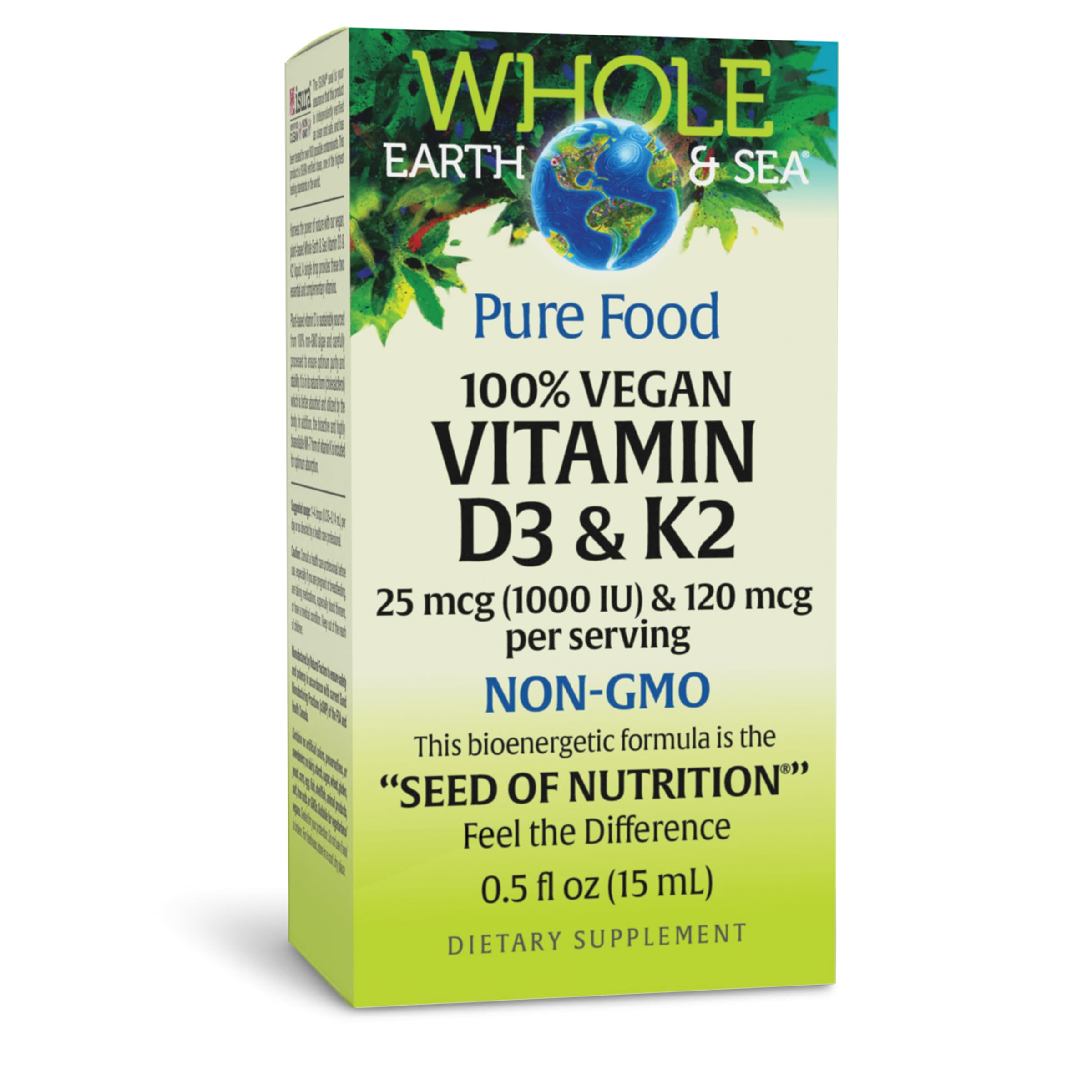 Natural Factors Whole Earth & Sea vegan Vitamin D3 & K2 bottle highlighting potential calcium absorption support.