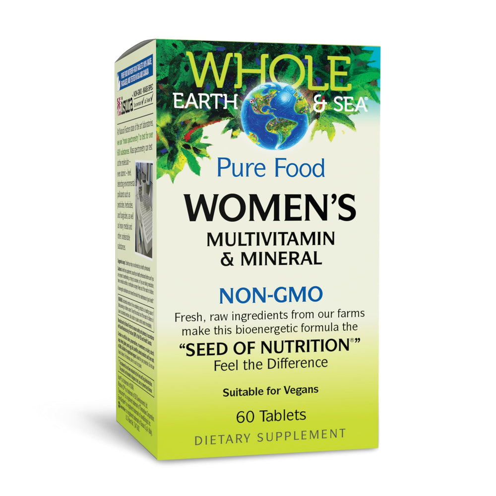 Natural Factors Whole Earth & Sea Women's Multivitamin hero image showing 60 vegan tablets for daily support.