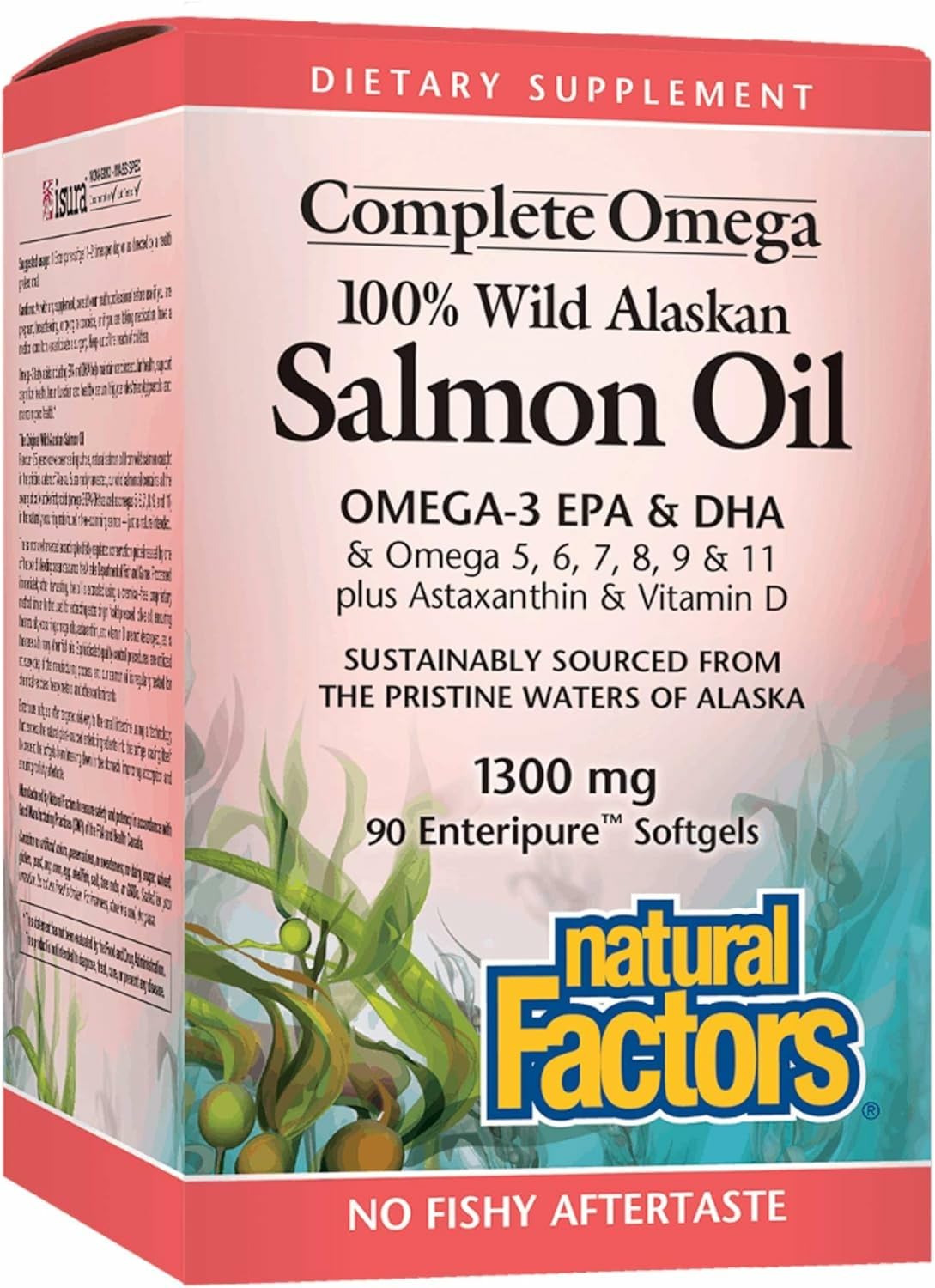 Natural Factors Wild Alaskan Salmon Oil bottle shows 90 capsules for omega-3 support.